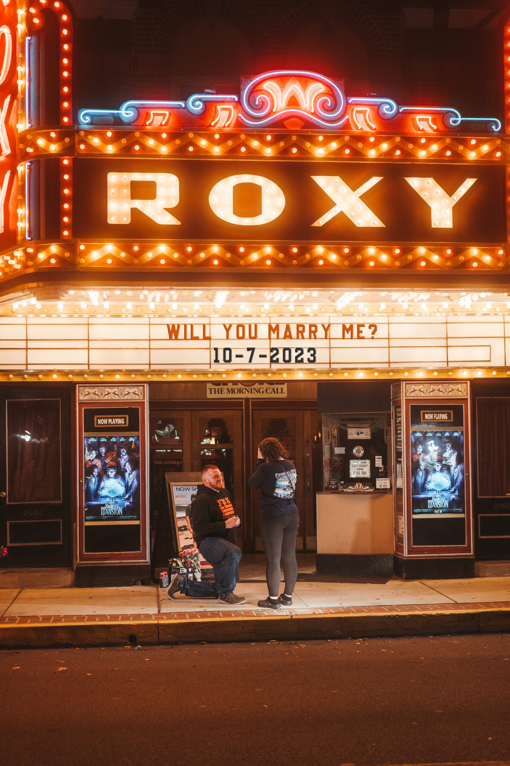 a couple got engaged in the lehigh valley, PA at the Roxy Theater and had a private showing